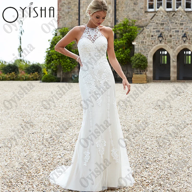

Женское платье с юбкой годе OYISHA, кружевное платье на бретельках с аппликацией, без рукавов, с пуговицами сзади, свадебное платье Кружевные аппликации Halter Vestido De Novia Sexy Sleeveless Mermaid Wedding Dresses F