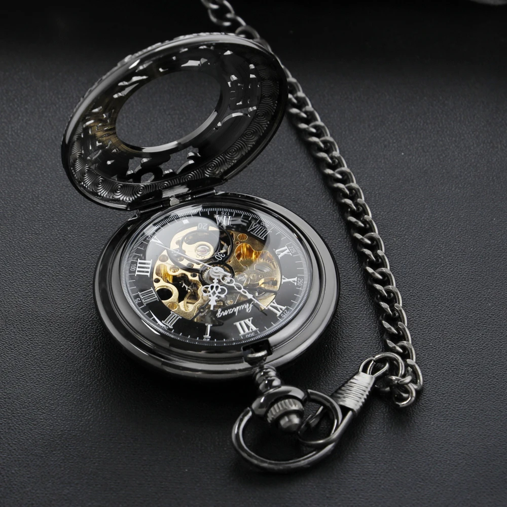 Vintage Black Hollow Skeleton Mechanical Pocket Watch Men's Fob Chain Steel Exquisite Animal Sculpture Women's Pocket Watch Gift