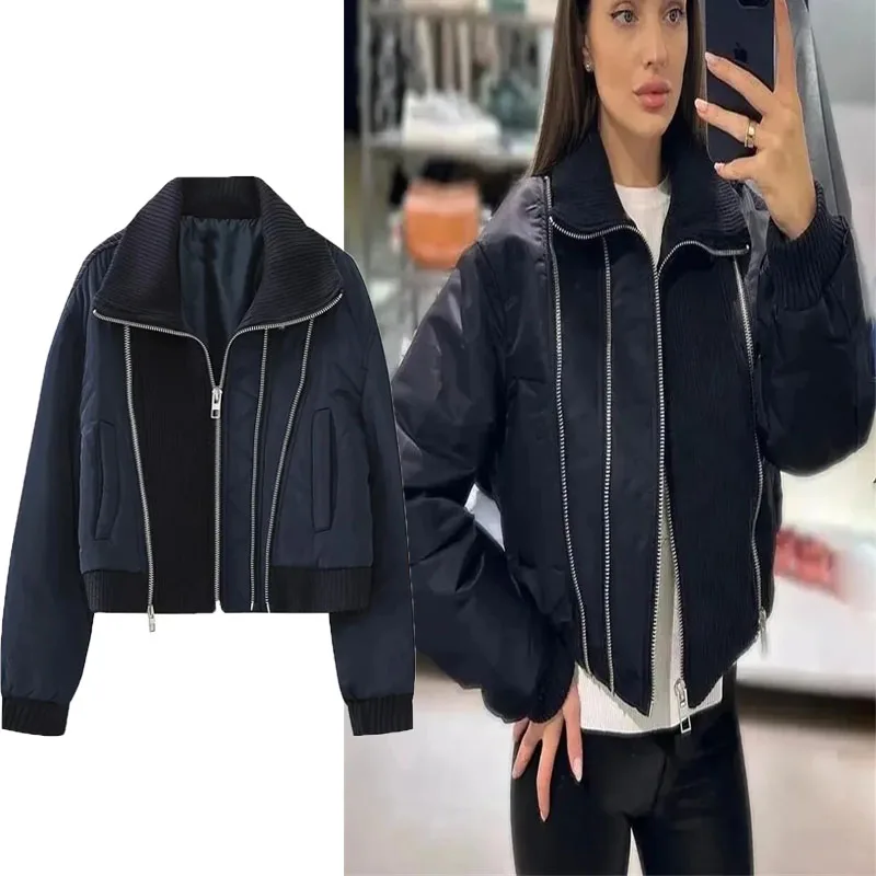 

TRAF Women Patchwork Zip Bomber Jacket Vintage Lapel Long Sleeve Rib Trim Jacket Fashion Back Striped Jacket Female Casual Coat