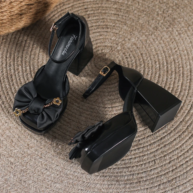 White Platform Heels Women Chunky Heel Mary Jane Sandals Summer 2023 New Bow Elegant Heeled Pumps Buckle Women' Wedding Shoes