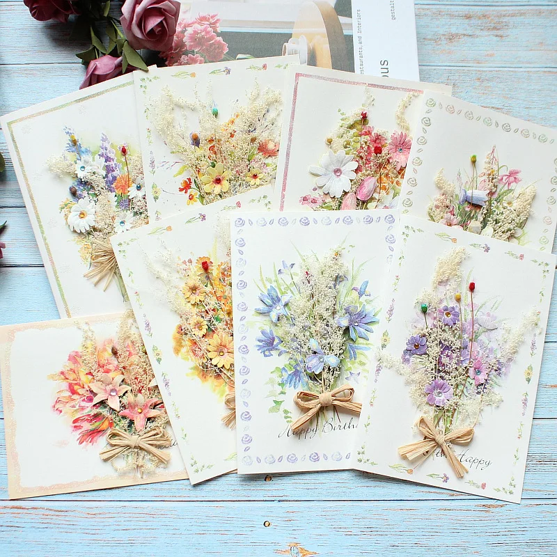 

1pc Gift Card Wedding Invitations Greeting Cards Dried Flowers Handwritten Blessing Birthday Thank You Envelope