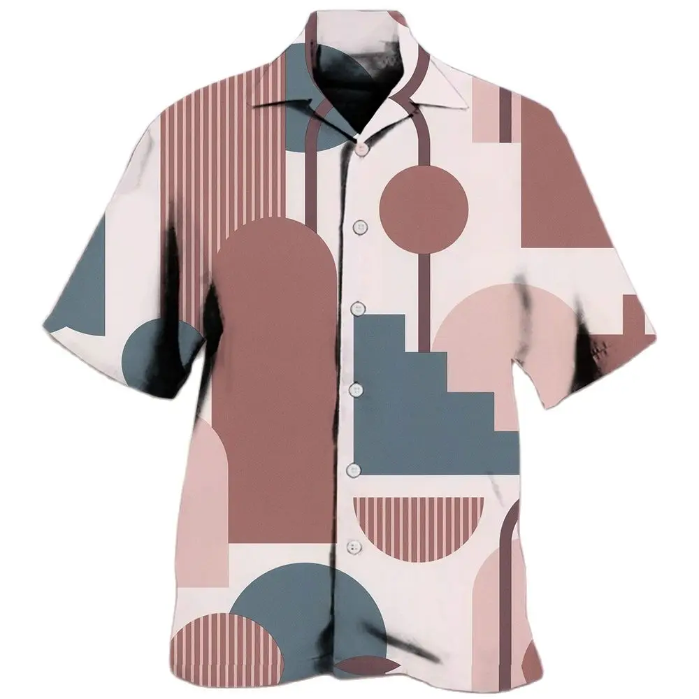 Fashion Geometry Harajuku Print Shirts For Men Summer Street Trend Single-Breasted Shirts Oversized Tees Casual Cardigan Tops
