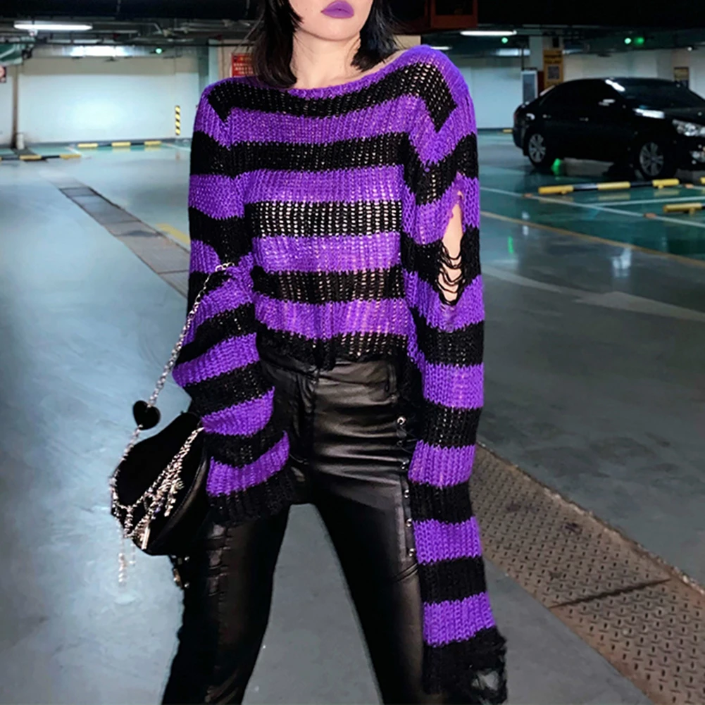 

2023 y2k Punk Gothic Long Sweater Women's Loose Hollow Knitted Sweater Oversized Striped Ripped Pullover Aesthetic Jumper Loose