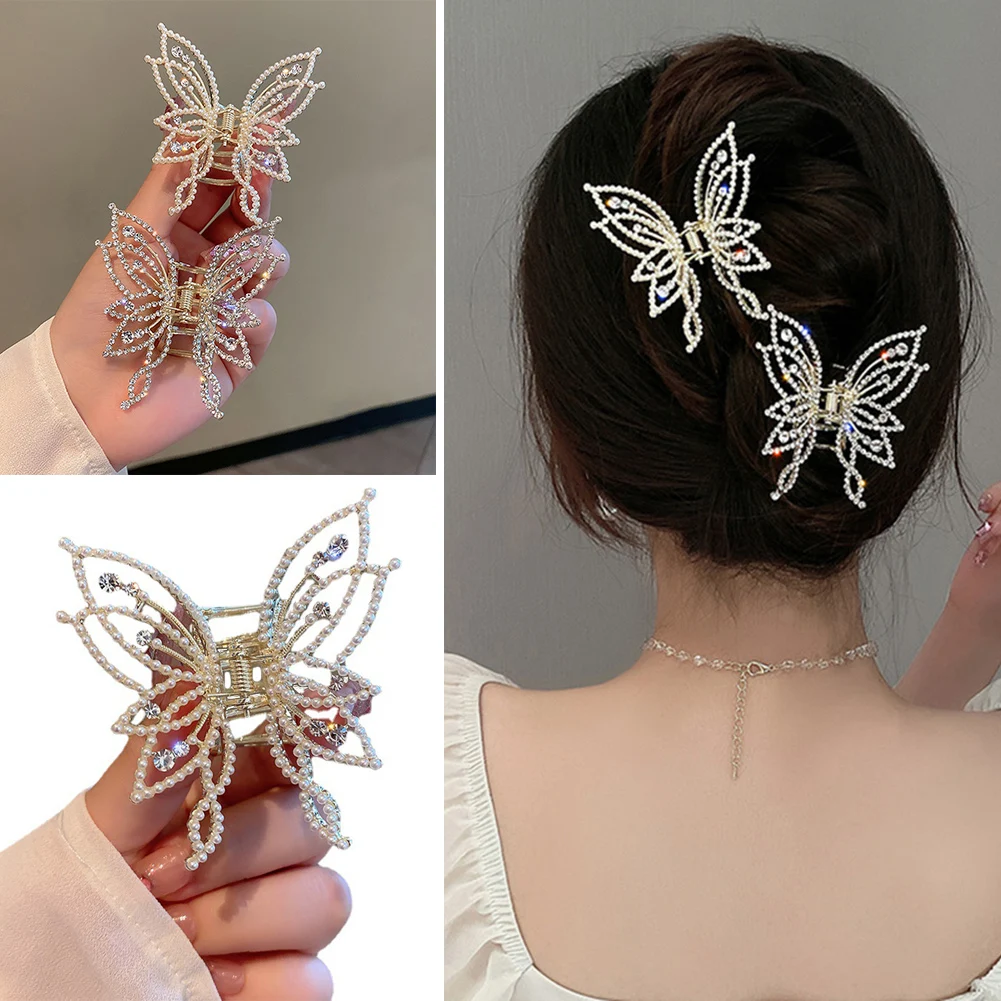 

New Large Shark Clip Metal Butterfly Hair Claw For Women Rhinestone Hairpin Dish Up Hair Clips Gripper Claws Ponytail Claw Clip