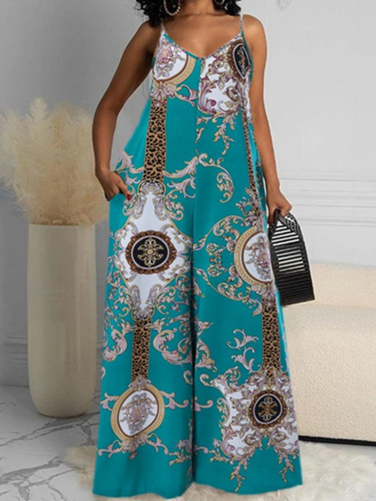 

Bohemian Spring Pattern Print Women Jumpsuit Sexy V Neck Loose Suspender Playsuit Romper Summer Wide Leg Straight Pants Overalls