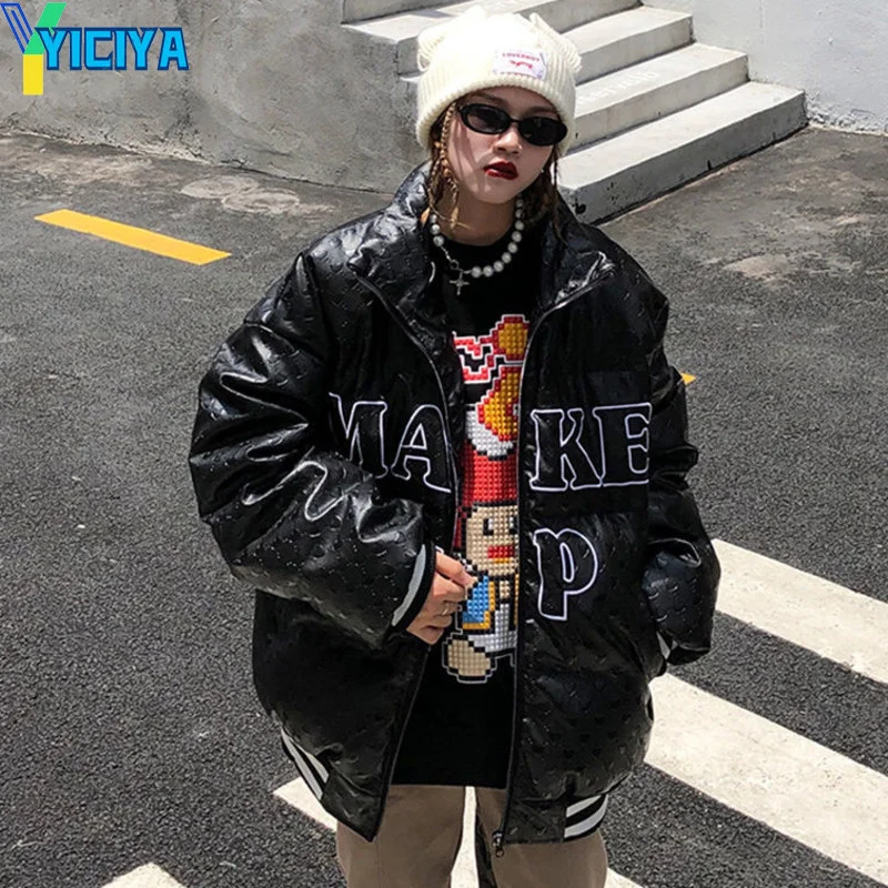 YICIYA Bomber Down Jacket Thicken Women Varsity Leather Jacket American Racing Motorcycle Warm Oversize Jacket Long Sleeves Coat