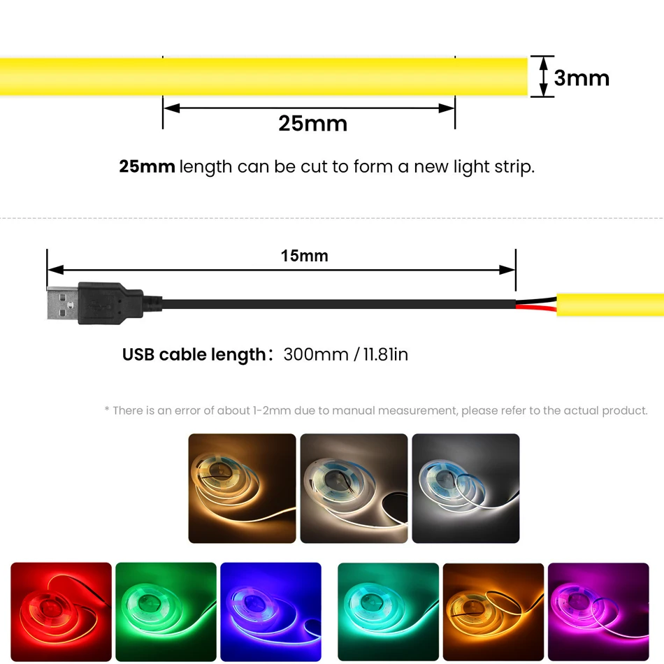 5 В 3 мм PCB COB Светодиодная лента USB Light 400 светодиодов/м Красный Зеленый Синий Белый