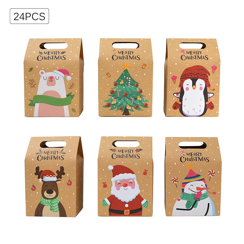 

24Pcs Kraft Paper Christmas Tree Gift Bag Santa Claus Portable Favor Candy Box Elk Food Packaging Bag New Year Party Decoration