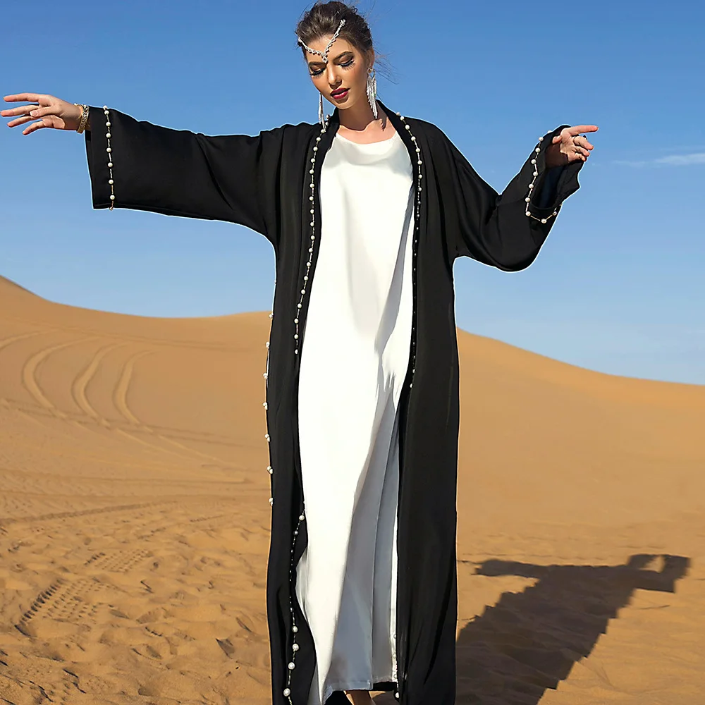 Woman Arabian Abaya With Belt Bead Dubai Kaftan Traditional Eid Mubarak Black Saudi Arabia Muslim Femme Islamic Dresses Turkey