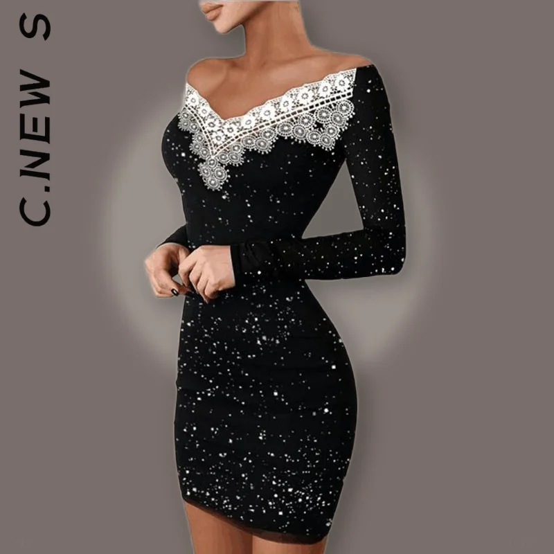 

Модное женское платье с открытыми плечами и V-образным вырезом, кружевное соблазнительное облегающее яркое шелковое платье на бедрах, черно...