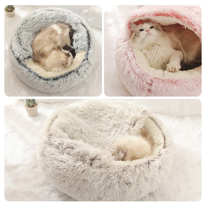 

New Style Pet Cat Bed Dog Bed Round Plush Warm Cat's House Soft Long Plush Best Pet Bed Dogs For Cats Nest 2 In 1 Cat Accessorie