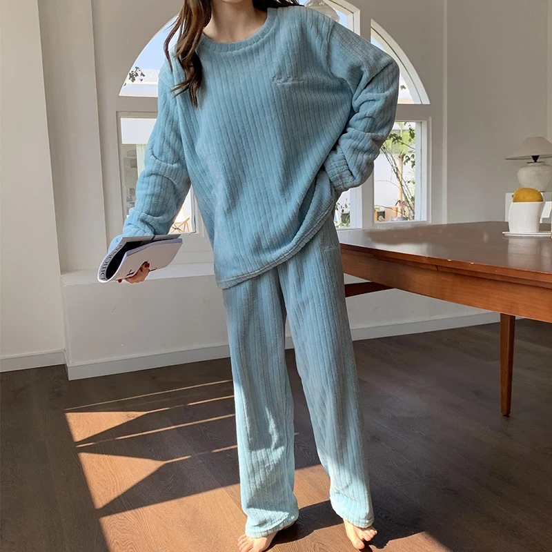 Autumn Winter Flannel Women Pyjamas Sets Loose Soft Coral Fleece Pajamas Set Long Sleeve Sleepwear Warm Loungewear 2 Piece Suit