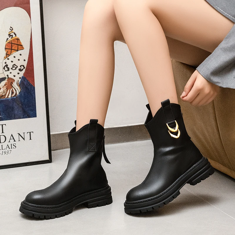 

2023 New Front Zipper Chunky Platform Women's Boots Solid Black Beige Boots Women Round Toe High Heel Ankle Boots for Women