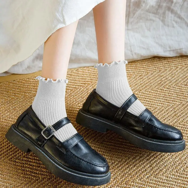 6 Pairs Womens Retro Socks Ruffle Turn-Cuff Casual Plain Ankle Socks Kawaii Cool Thin Cotton Knit Lettuce Low Cut Frilly Sock