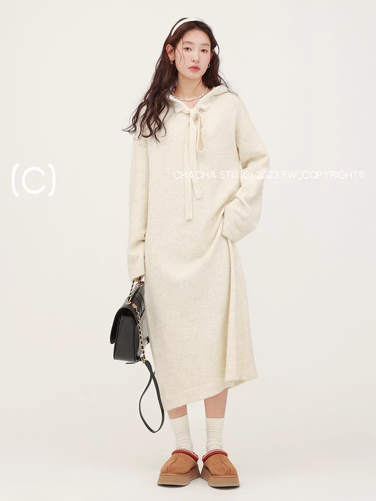 Gaganight женское серое трикотажное платье с капюшоном 2024 осенне-зимнее новое