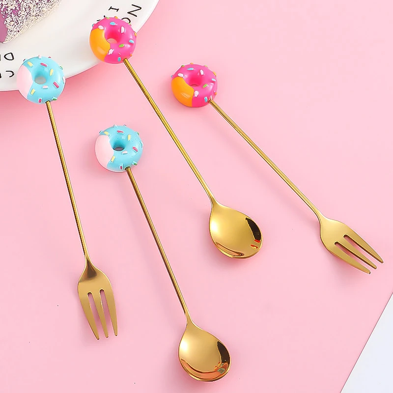 

1PC Mini Dessert Spoon Stainless Steel Spoon Fork Ice Cream Coffee Stirring Spoons Teaspoon Donut Fruit Fork Kitchen Flatware