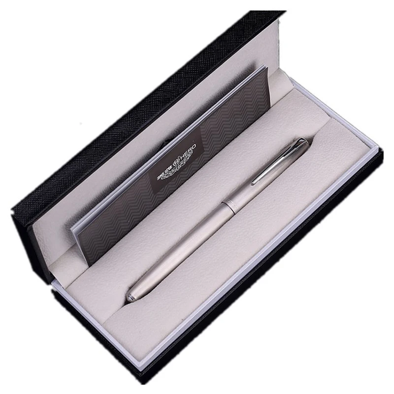 Hero 100 14K Gold Nib Luxury Fountain Pen Metal Silver Authentic Quality Premium Ink Pen 0.5mm Writing Gift Set New