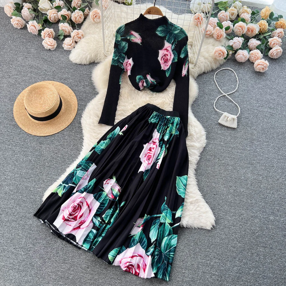 

JAMERARY Fashion Autumn Winter Two Piece Set Women Long Sleeve Floral Print T Shirts + Pleated Midi Long Skirts Suits Outfits