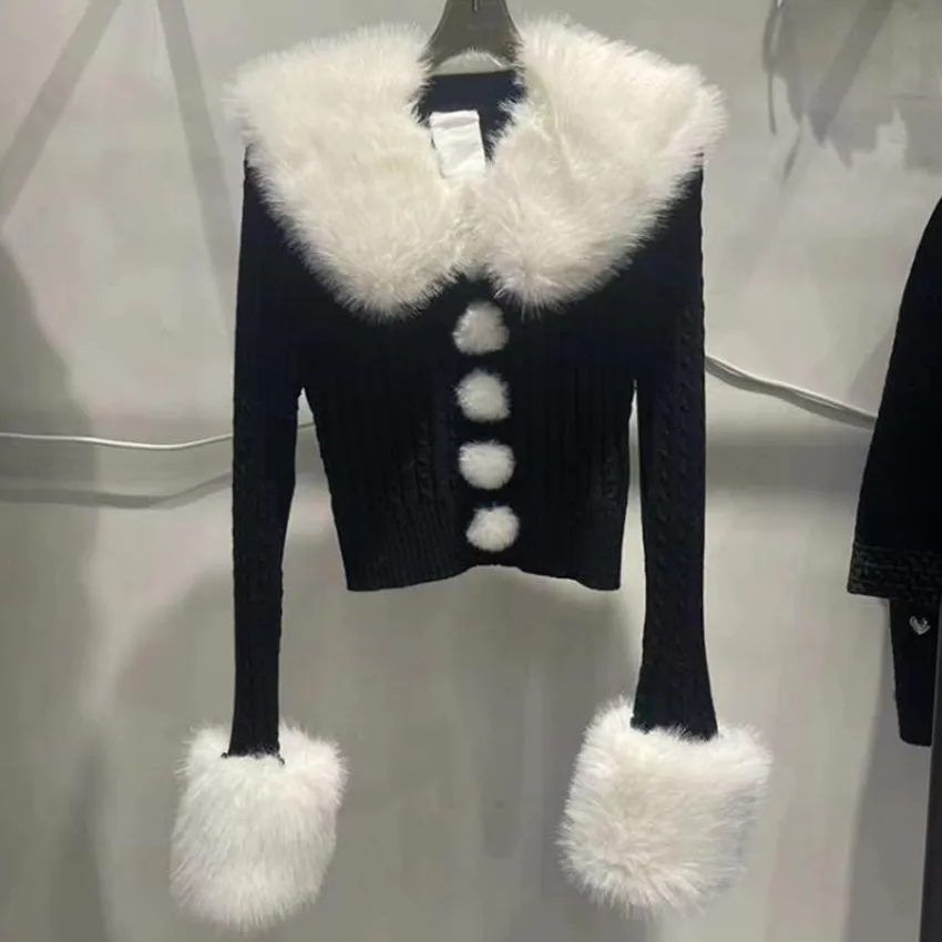

Retro Autumn Winter Twist Knitted Sweater Women Lapel Fur Stitching Pullovers
