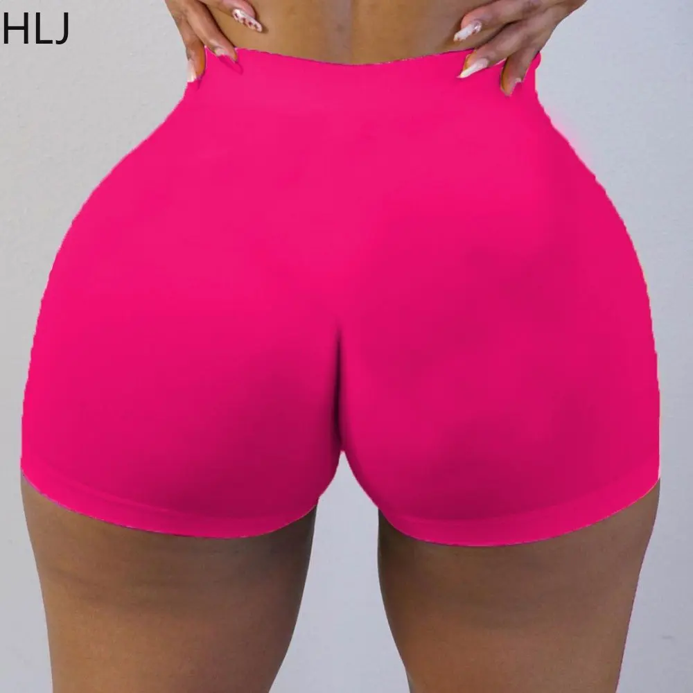HLJ Casual Solid Color High Waisted Shorts Women Elastic Sporty Skinny Shorts Summer Female Matching Bottoms Biker Shorts 2023