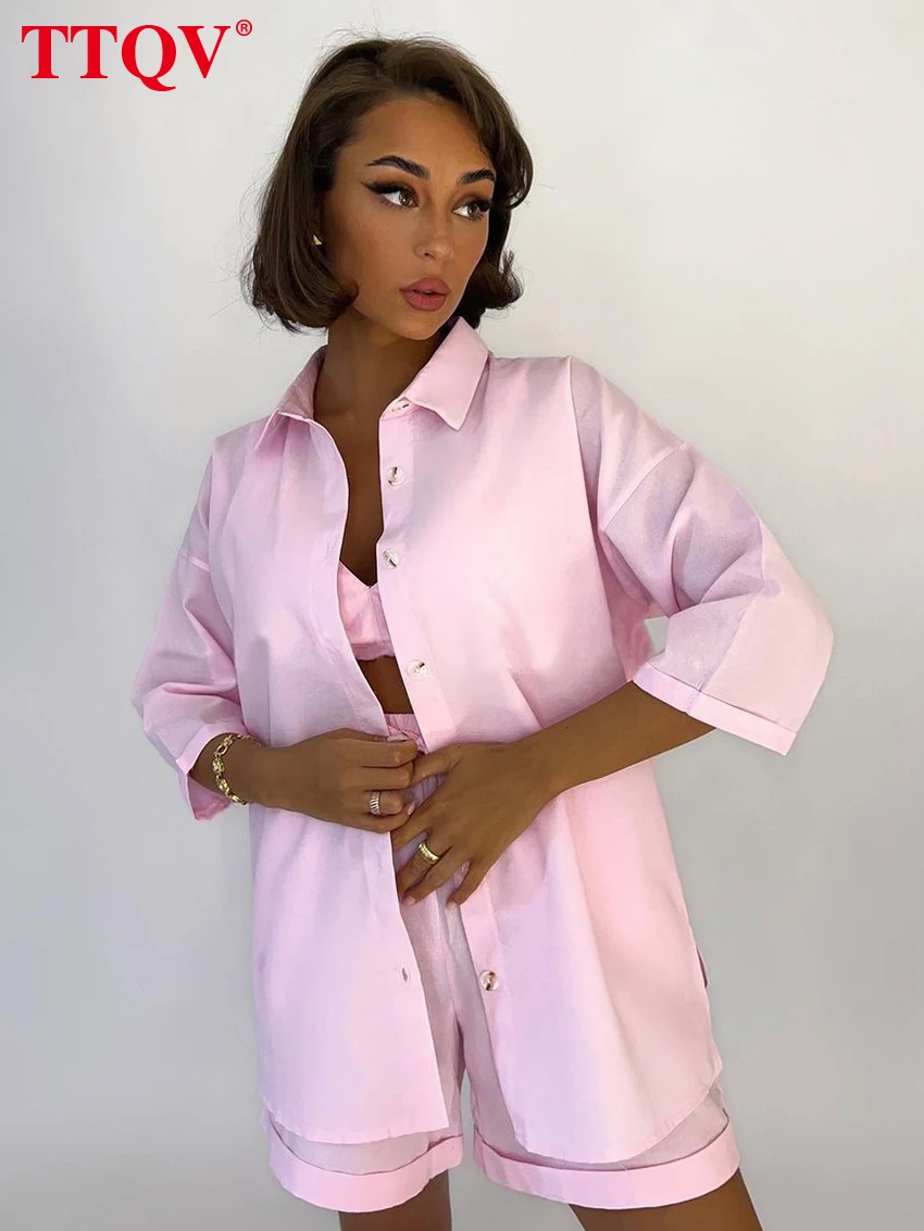 

Комплект одежды TTQV женский из 2 предметов, хлопок, Повседневная рубашка с рукавом три четверти + простой бюстгальтер и шорты на шнуровке, модный розовый