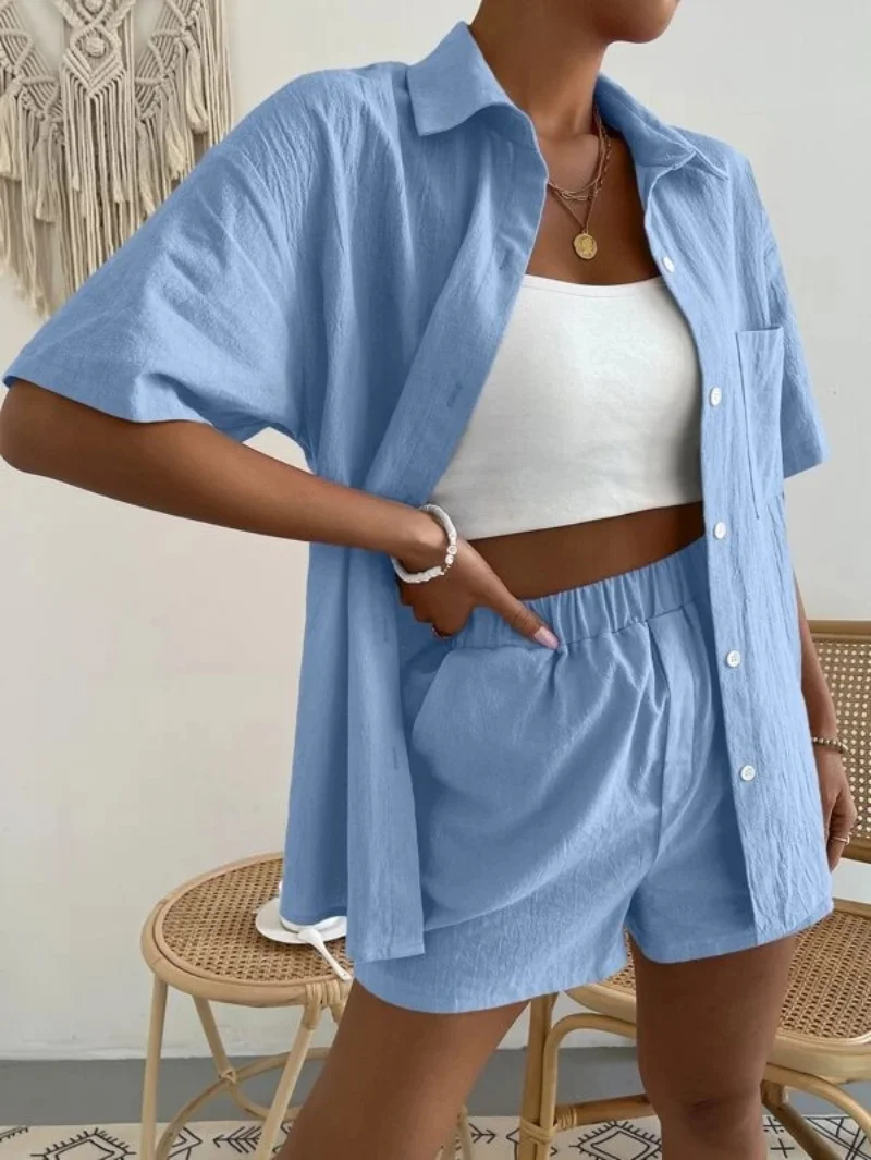 Long Sleeve Single-breasted Top + Broad-legged Shorts Set Fashion Ladies Sexy Solid Suits 2023 Summer 2 Piece Outfits for Women