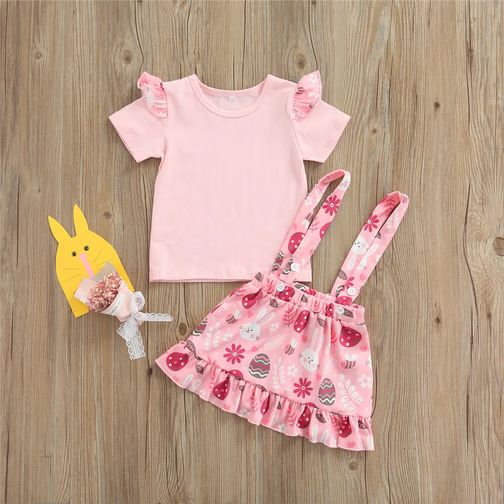 

Пасхальный комплект одежды для маленьких девочек, розовая футболка, футболки, топы с оборками, юбка на подтяжках с принтом кролика и яйца, де...