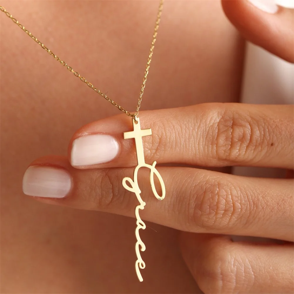 

Custom Handwritten Signature Name Necklace Stainless Steel Cross Nameplate Pendant Choker Fashion Customize Christianity Jewelry