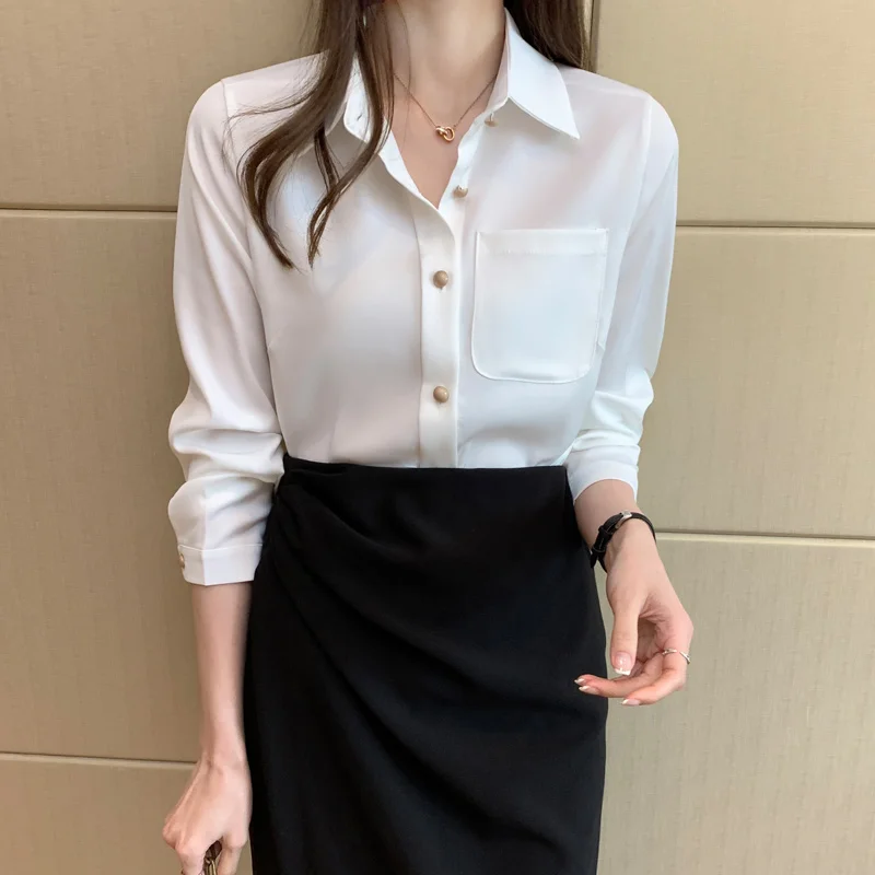 Шифоновая белая блузка с длинным рукавом и карманами рубашка топы для женщин