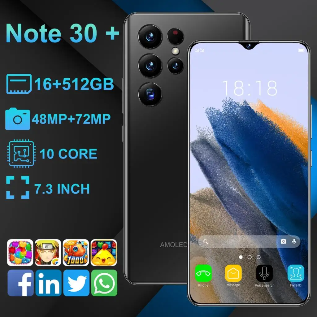 Global Version Note 30+ 7.3 Inch 16+1TB 48MP+72MP Face ID Smart Phone Deca Core Dual SIM+Micro SD Dual SIM+Micro SD Cellphone