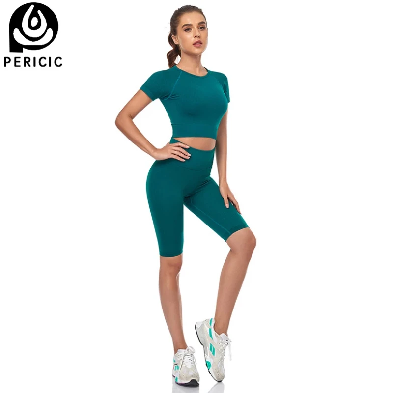 

Бесшовный спортивный костюм из 2 предметов, короткий топ с коротким рукавом для фитнеса, шорты для бега с высокой талией, велосипедная Женск...