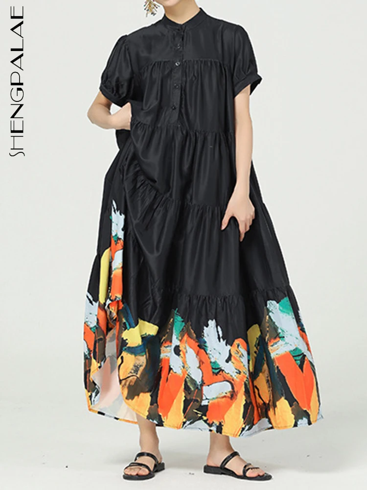 

SHENGPALAE Graffiti Contrast Color Dress For Women Fashion O-neck Short Sleeve Loose Vintage Vestido Summer 2023 New Tide 5R4858