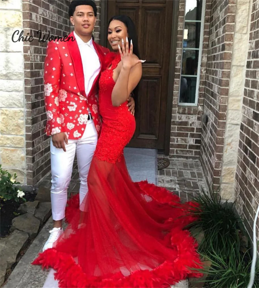 

Gorgeous Red Black Girls Prom Dress With Feather Halter Mermaid Formal Fifteen Birthday Evening Party Gowns Backless Ceremony