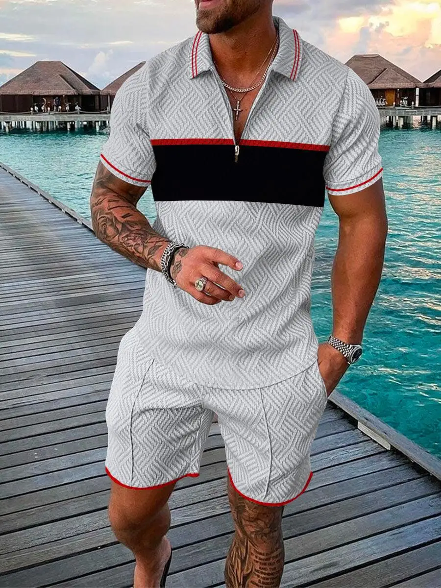 Men Summer Tracksuit V-Pattern Series Short Sleeve Zipper Polo Shirt&Shorts Sets For Men Casual High Quality Streetwear Suit