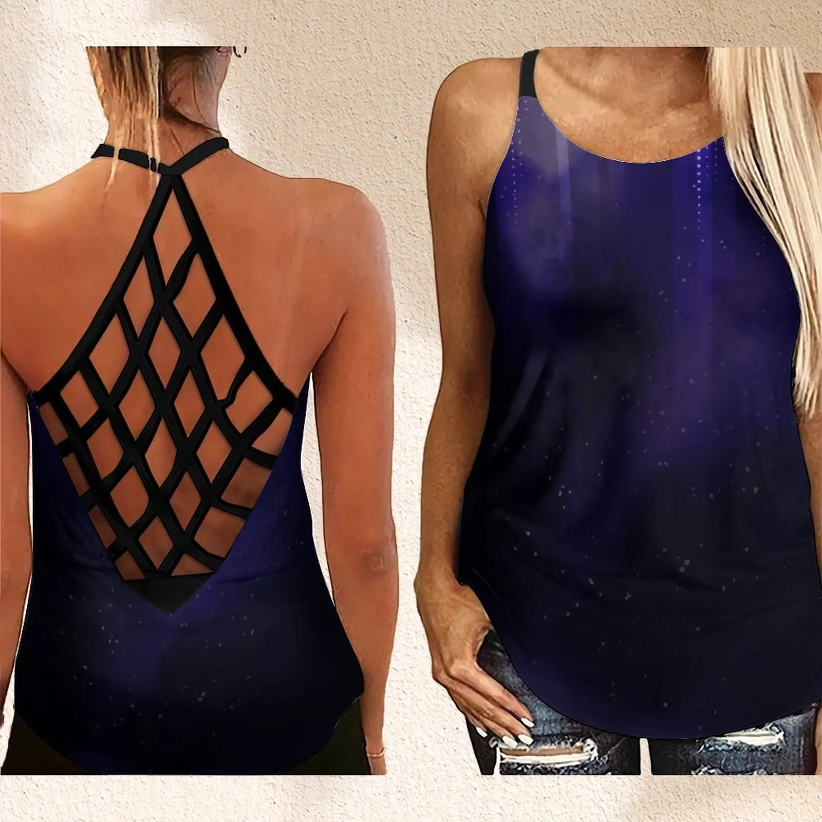 

Women's New Backless Sleeveless Hollow Out Cross Cross Tank Top Lines Bright Print Women's Best XS-8XL