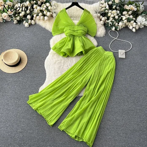 Neploe Свежие элегантные шифоновые комплекты с открытыми плечами и рюшами Рубашка Свободные брюки с высокой талией Широкие брюки Летние модные костюмы Брюки с рюшами