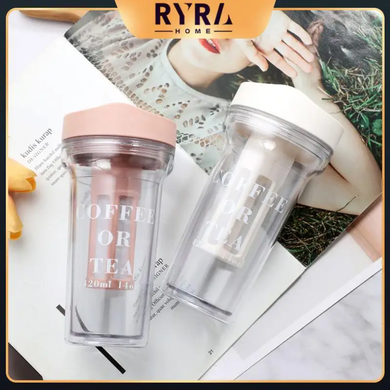 

Internet Celebrity Milk Tea Cup Push Lid Ins Fashionable Water Cup Plastic Transparent Water Bottle 420ml Mugs Double Layer