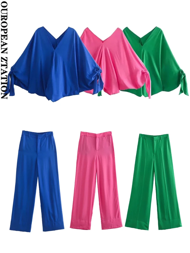 

Женский комплект из двух предметов, блузка свободного покроя на молнии с завязками или широкие брюки с высокой талией, 2022