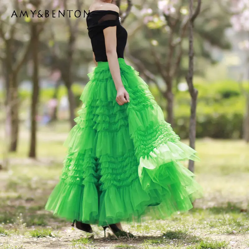 Gorgeous Cake Dress Swing Long Goddess Temperament Gauze Skirt High-End Fairy Leaf Green Spring Summer Skirts Pleated Midi Skirt