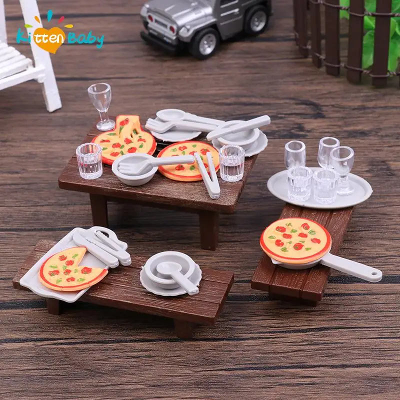 1Set 1:12 Dollhouse Miniature Pizza Mini Fast Food Bacon Bread Barbecue Table Chair Fork Spoon Cup for Doll House Kitchen Toys