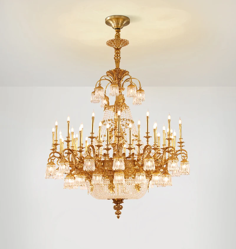 

French Copper Ceiling Hanging Chandelier Hotel Lobby Lighting Brass Crystal Duplex Building High Pendant Lamp Living Room Luxury