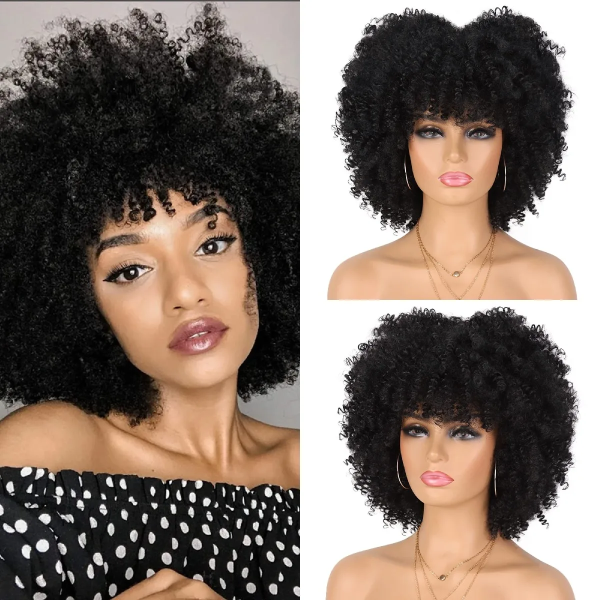 

Black Afro Kinky Curly Wigs For Women Africa Wig Curly Wig with Bangs Halloween Synthetic Wigs Cosplay Heat Resistant Fiber