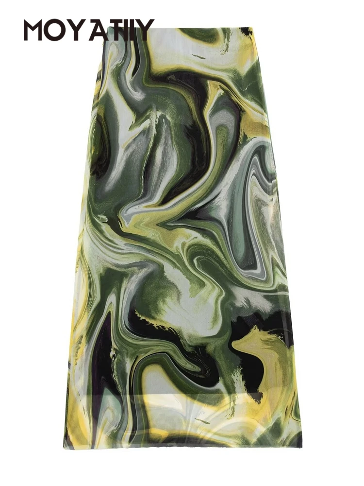 

MOYATIIY Women Midi Skirt Fashion Printed Mesh Green Skirts Vintage High Elastic Waist With Lining Female Vestidos