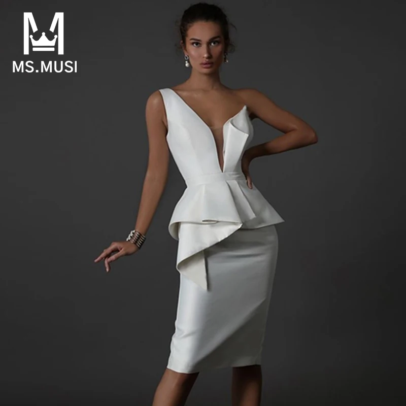 MSMUSI Summer New Ruffles Design One Shoulder Mesh Midi Slip Bandage Dress Sleeveless New Fashion Women Party Club Bodycon Dress