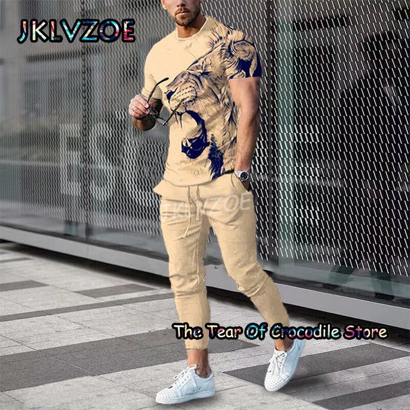 Colorful stripes Men's T Shirt Trousers Tracksuit 2 Piece Sets Summer Short Sleeve+Pants Funny Smiley 3D Printing Street Clothes