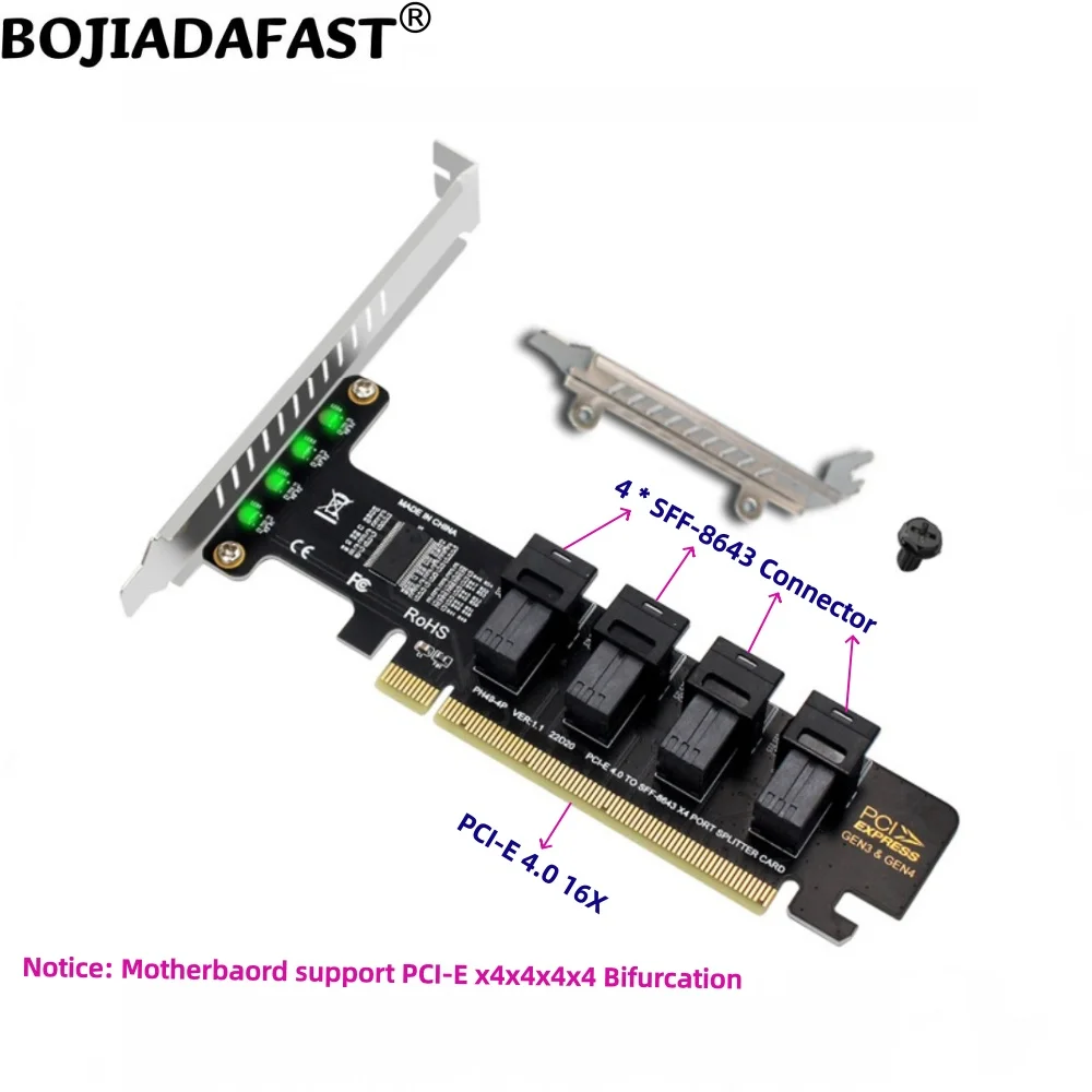 Фото Адаптер-карта расширения PCI Express PCIe 3.0 X16 PCI-E 4.0 16X на 4* Mini SAS SFF-8643 для U2 NVME SSD №1