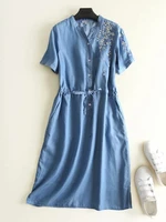 blue floral embroidery dnim long dress women v neck short sleeve soft cotton summer jeans lace up elegant dress vestidos