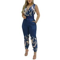 blue printed rompersv neck sexy african jumpsuit fashion womens lace up waist bodysuit 2022 summer new ladies casual clothing