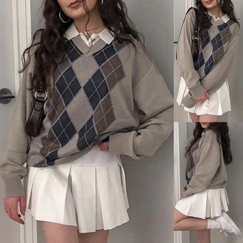 

Винтажный свитер в стиле преппи с V-образным вырезом, Женский Осенний Повседневный джемпер в клетку с узором ромбиками, женский модный пулов...