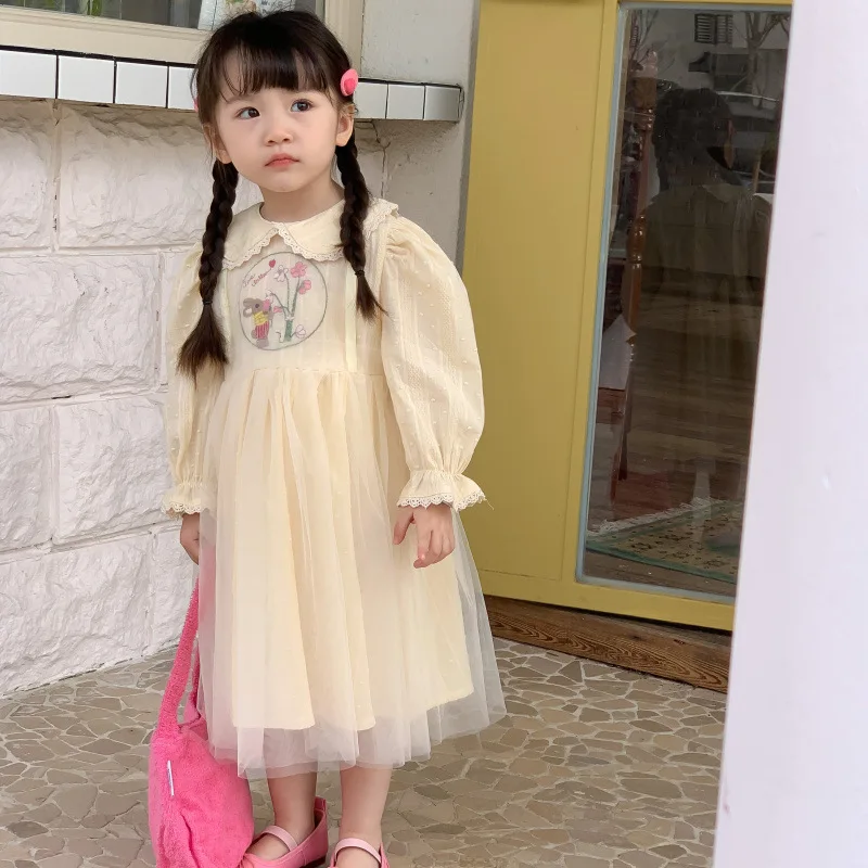

Korean Baby Girls Clothes 2023 Spring New Long Sleeved Doll Collar Cartoon Embroidery Princess Dress Children’s Clothing
